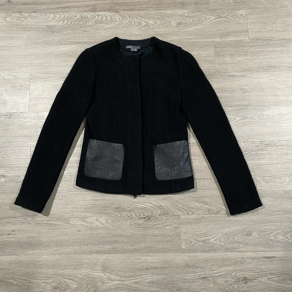 Vince Black Leather Pocket Tweed Zip Moto Jacket 4‎